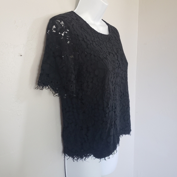 Ellison Women's Medium Black Lace Crop Top Blouse Short Sleeve Lined Shirt - Picture 3 of 8